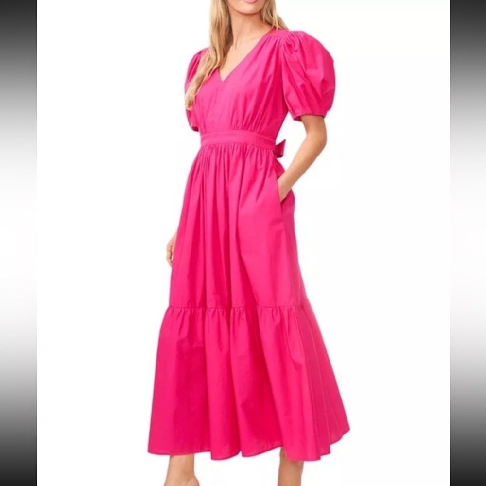CeCe Women's Dress Sz XL Cotton Belted Puff Sleeve Maxi Hot Pink